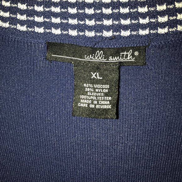 Willi Smith Sweater Blouse checkered v-neck trim, draped flowy sleeves navy blue - Picture 3 of 5